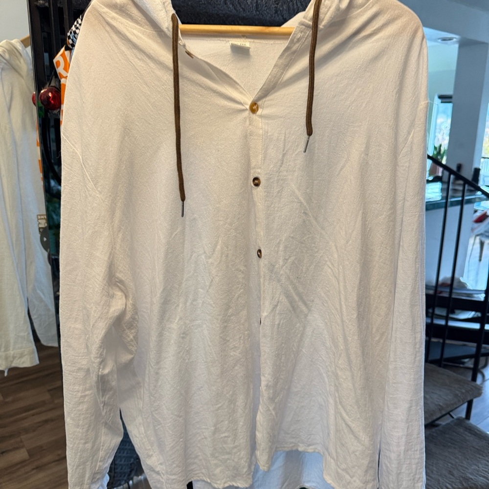 White Button-Up Shirt with Hood